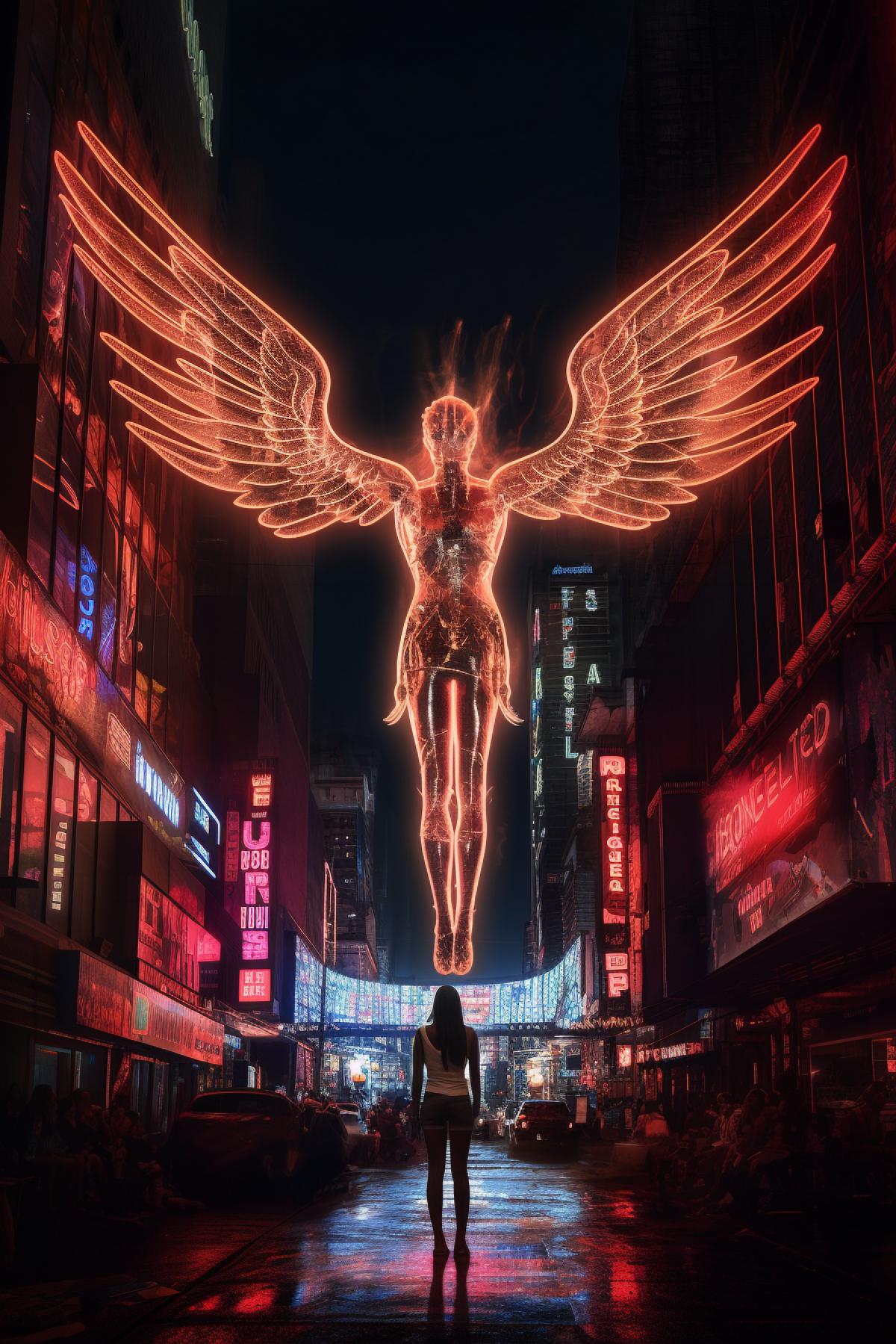 Lucifer hovers over a modern night metropolis, neon signs, epic, photorealism, beautiful light