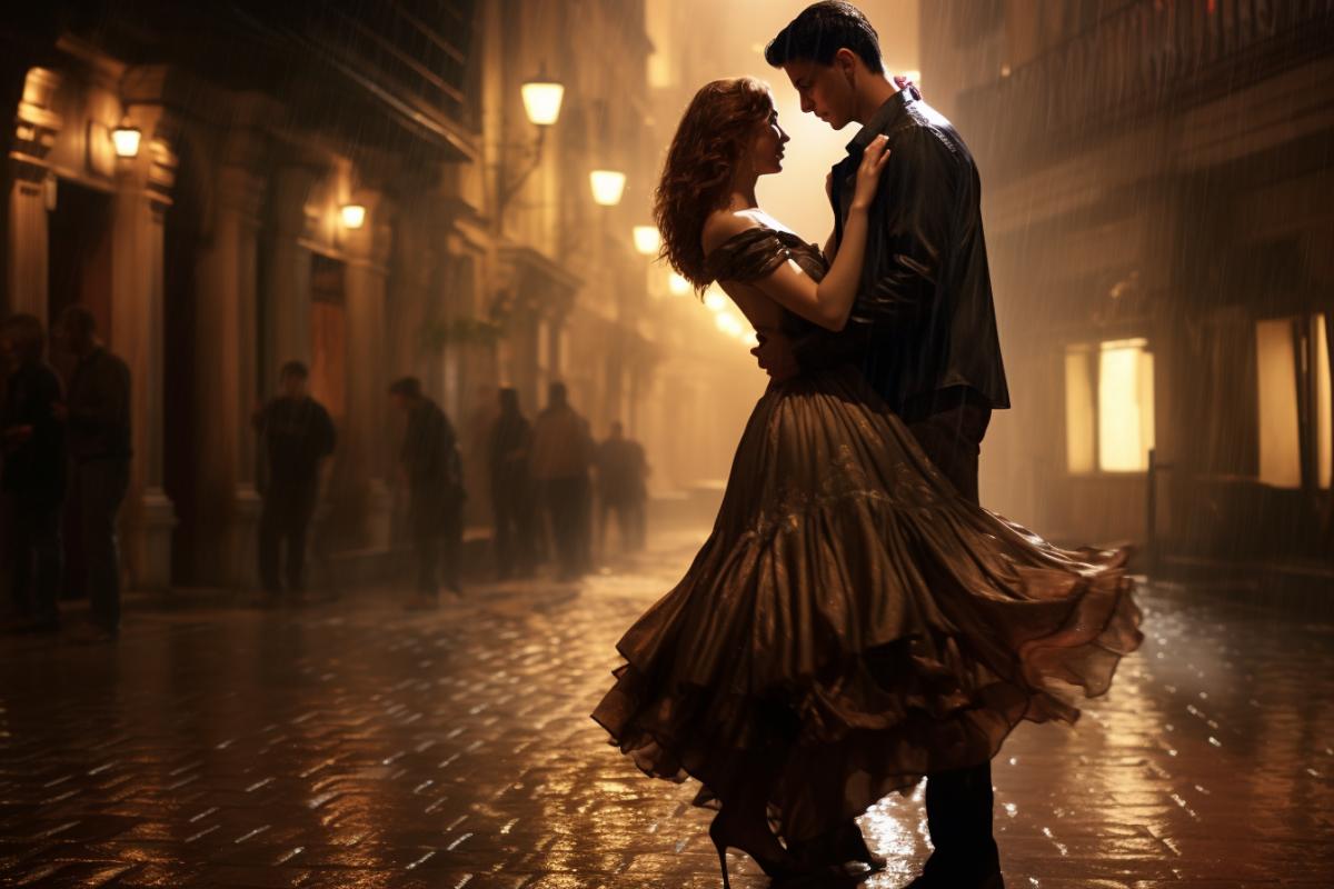 A couple dances on the streets of Venice at night, beautifully atmospheric, romantic, photorealism