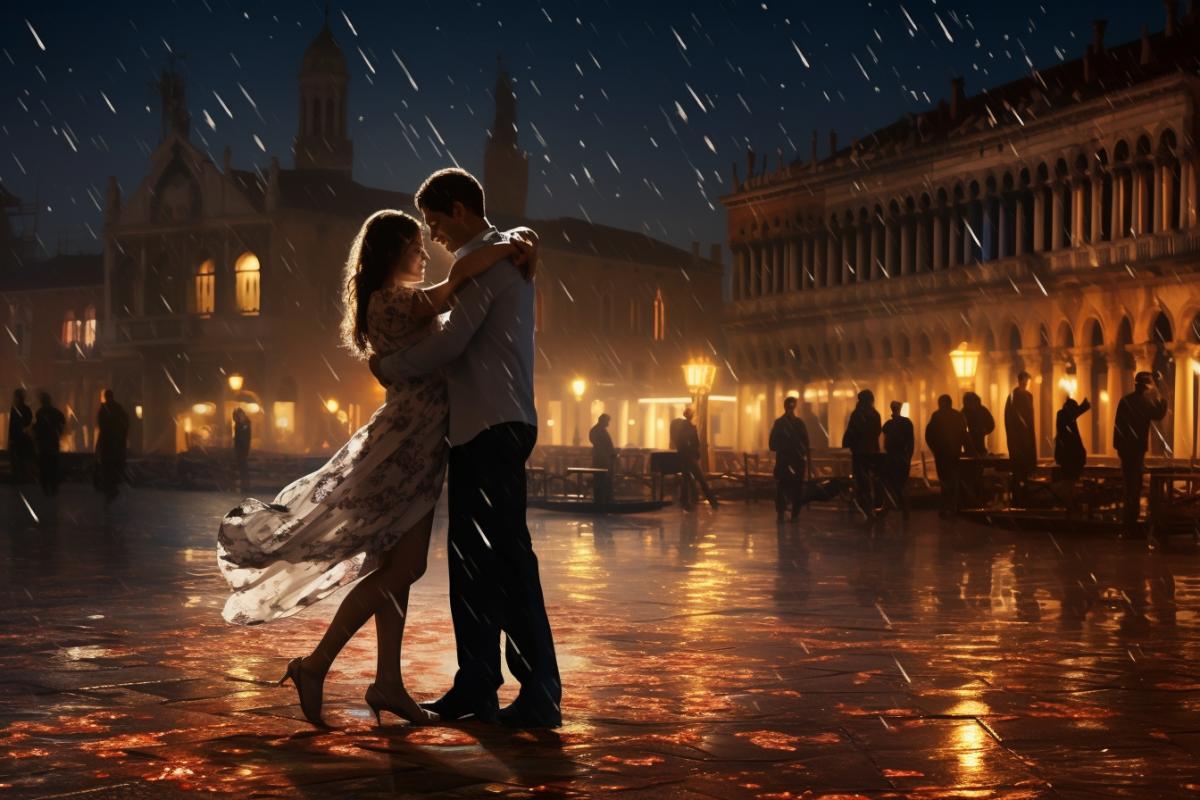 A couple dances on the streets of Venice at night, beautifully atmospheric, romantic, photorealism