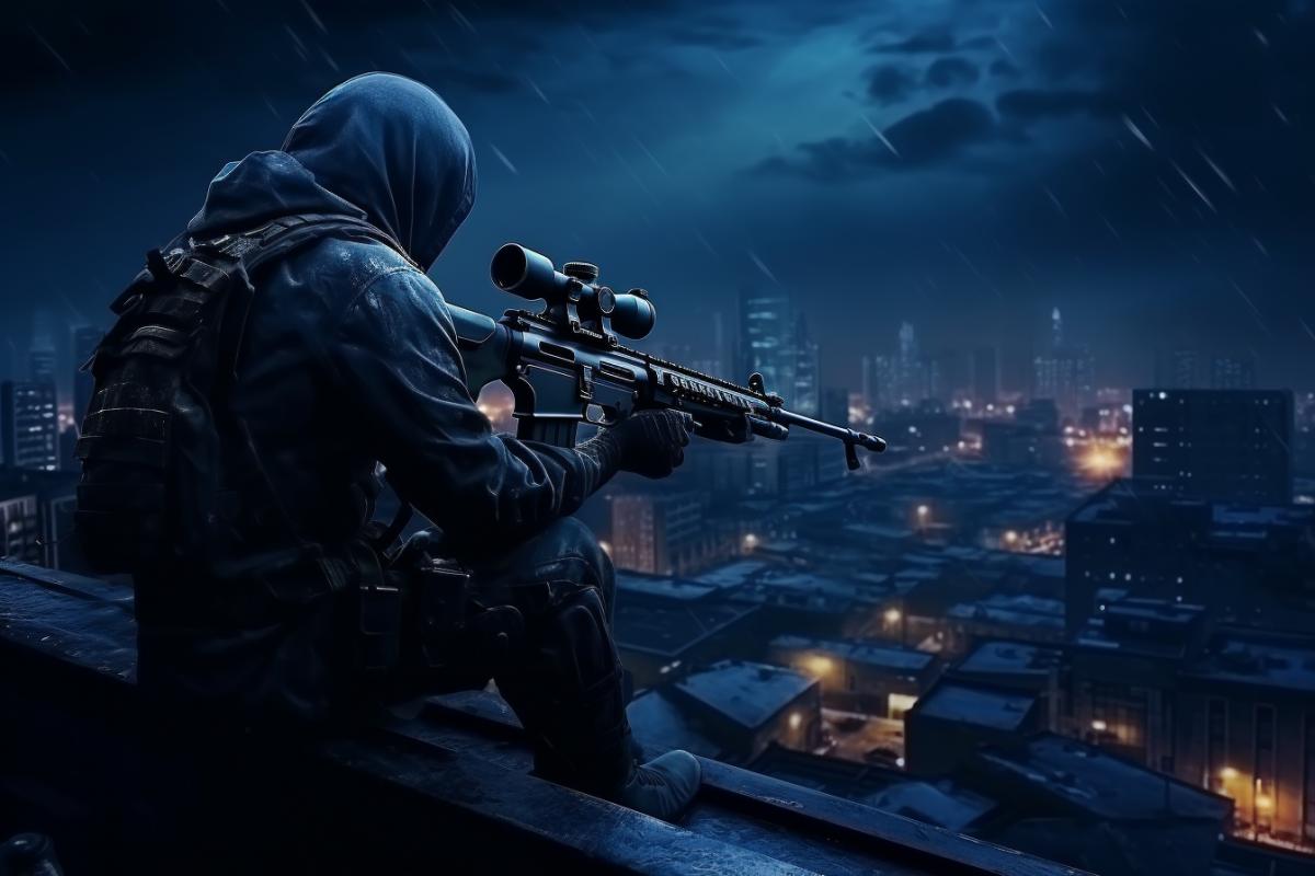 A sniper on the roof looks at the night metropolis through an optical sight, photorealism