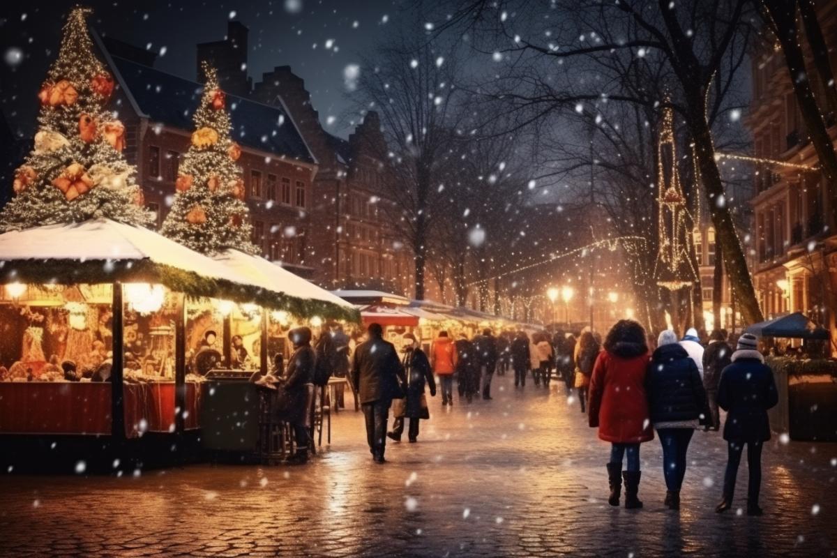 Christmas market on the square of the night city, beautiful, atmospheric, fabulous, photorealism