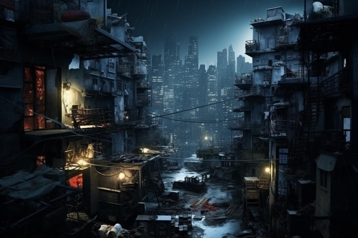 Slums of a big city at night, metropolis, poor people, creepy, oppressive atmosphere, photorealism