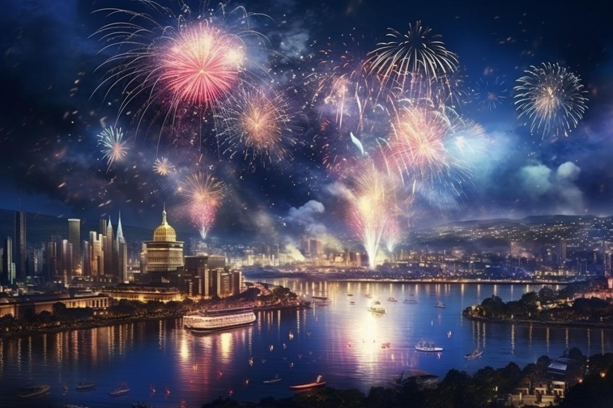 Fireworks over the night festive city, beautiful, atmospheric, epic, photorealism