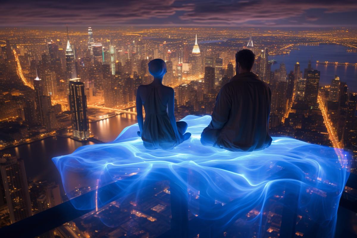 A man and woman, dressed in clothing made of an extraordinary, holographic fabric, share a quiet moment on a floating platform high above a sprawling, alien metropolis. Their expressions reveal contentment and peace. The photograph, taken with a long-exposure setting and a telephoto lens, captures the dazzling city lights below and the couples 4k connection