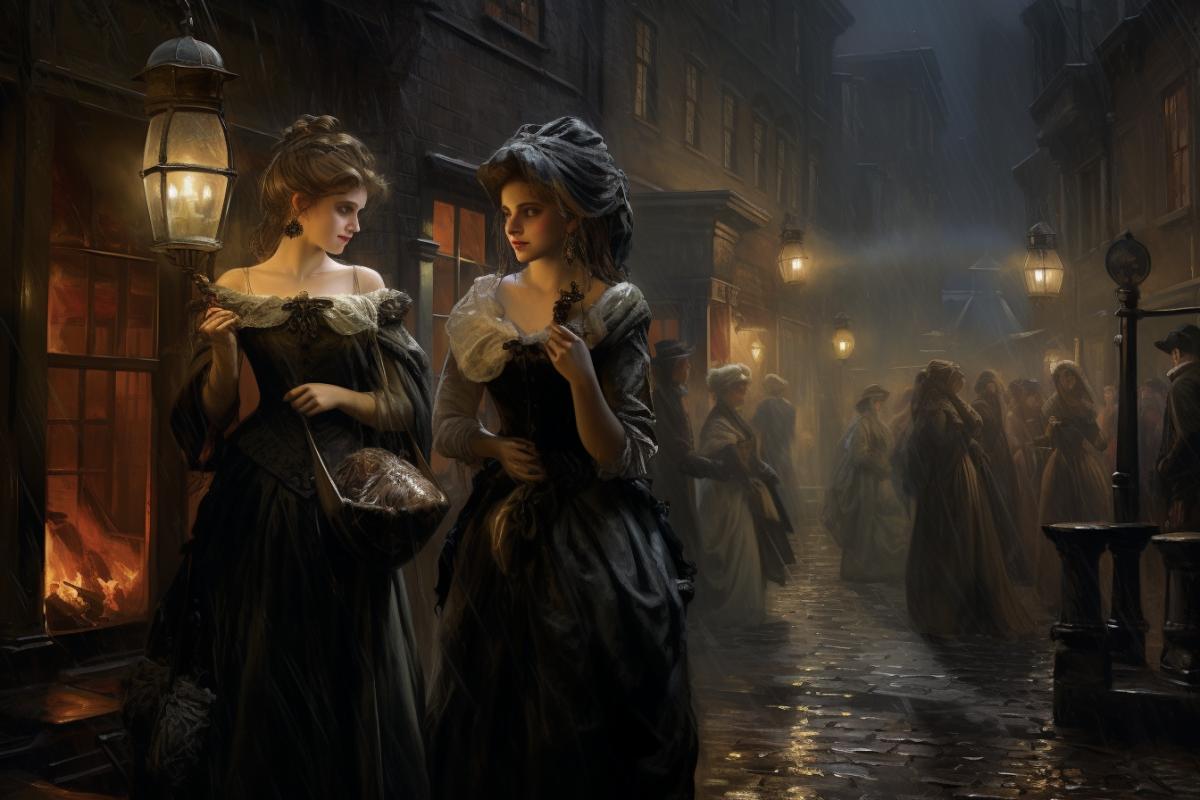 Courtesans on the streets of Victorian London at night, atmospheric, photorealism