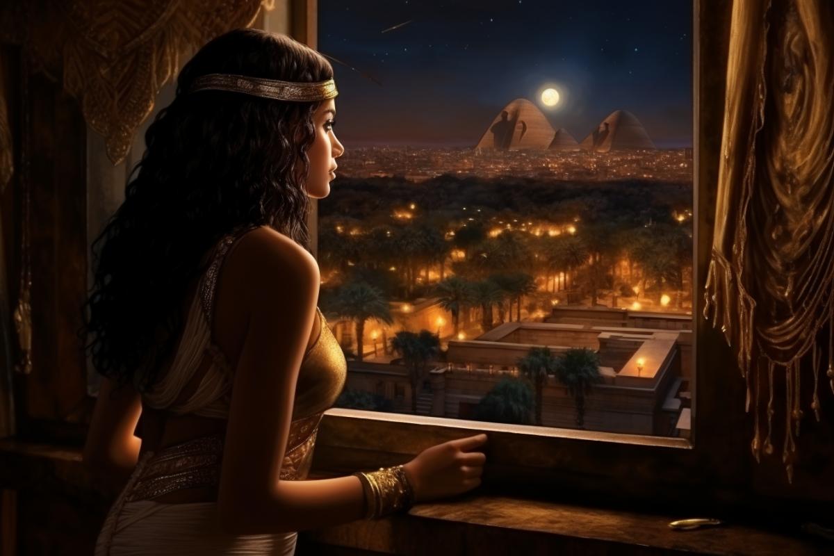 The Egyptian queen looks at the ancient Egyptian city at night from the balcony of her palace, ancient Egypt, historical surroundings, atmospheric, photorealism