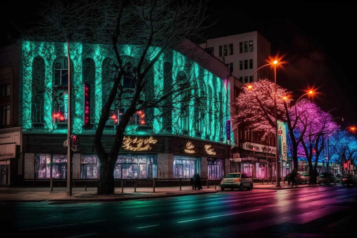 Night city, photograph of the night streets of the city of Tyumen, in Russia, many luminous windows, shop windows, signboards, facades of ancient and modern buildings are illuminated with colored LED spotlights, tree crowns and trunks are intertwined with luminous LED garlands
