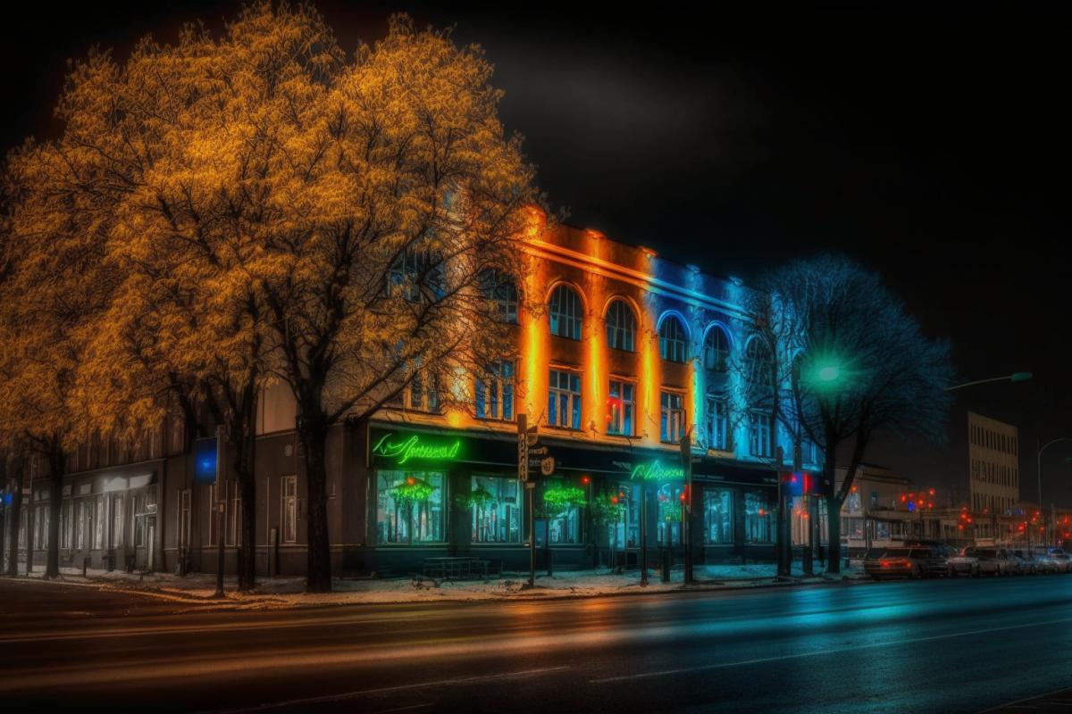 Night city, photograph of the night streets of the city of Tyumen, in Russia, many luminous windows, shop windows, signboards, facades of ancient and modern buildings are illuminated with colored LED spotlights, tree crowns and trunks are intertwined with luminous LED garlands