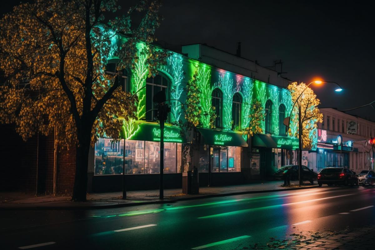 Night city, photograph of the night streets of the city of Tyumen, in Russia, many luminous windows, shop windows, signboards, facades of ancient and modern buildings are illuminated with colored LED spotlights, tree crowns and trunks are intertwined with luminous LED garlands