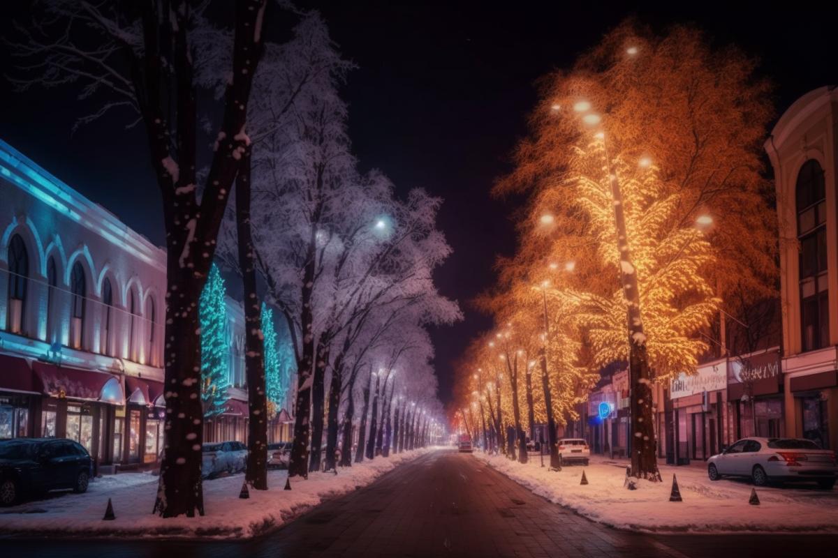 Night city, photograph of the night streets of the city of Tyumen, in Russia, many luminous windows, shop windows, signboards, facades of ancient and modern buildings are illuminated with colored LED spotlights, tree crowns and trunks are intertwined with luminous LED garlands