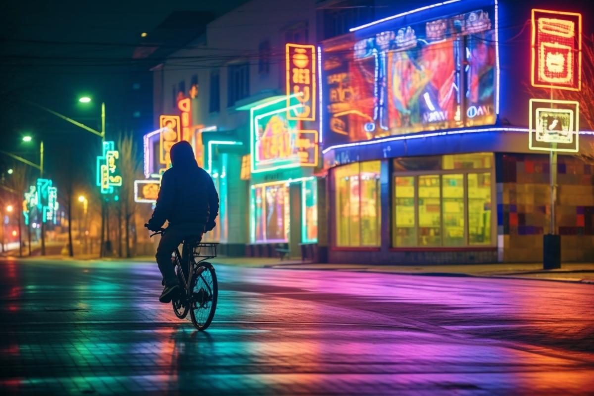 Night city, photo of night streets of Tyumen, Russia, a lot of glowing windows, shop windows, signs, facades of ancient and modern buildings are illuminated by multi-colored LED spotlights, on the street rides a guy on a luminous electric scooter, with luminous headphones and a player