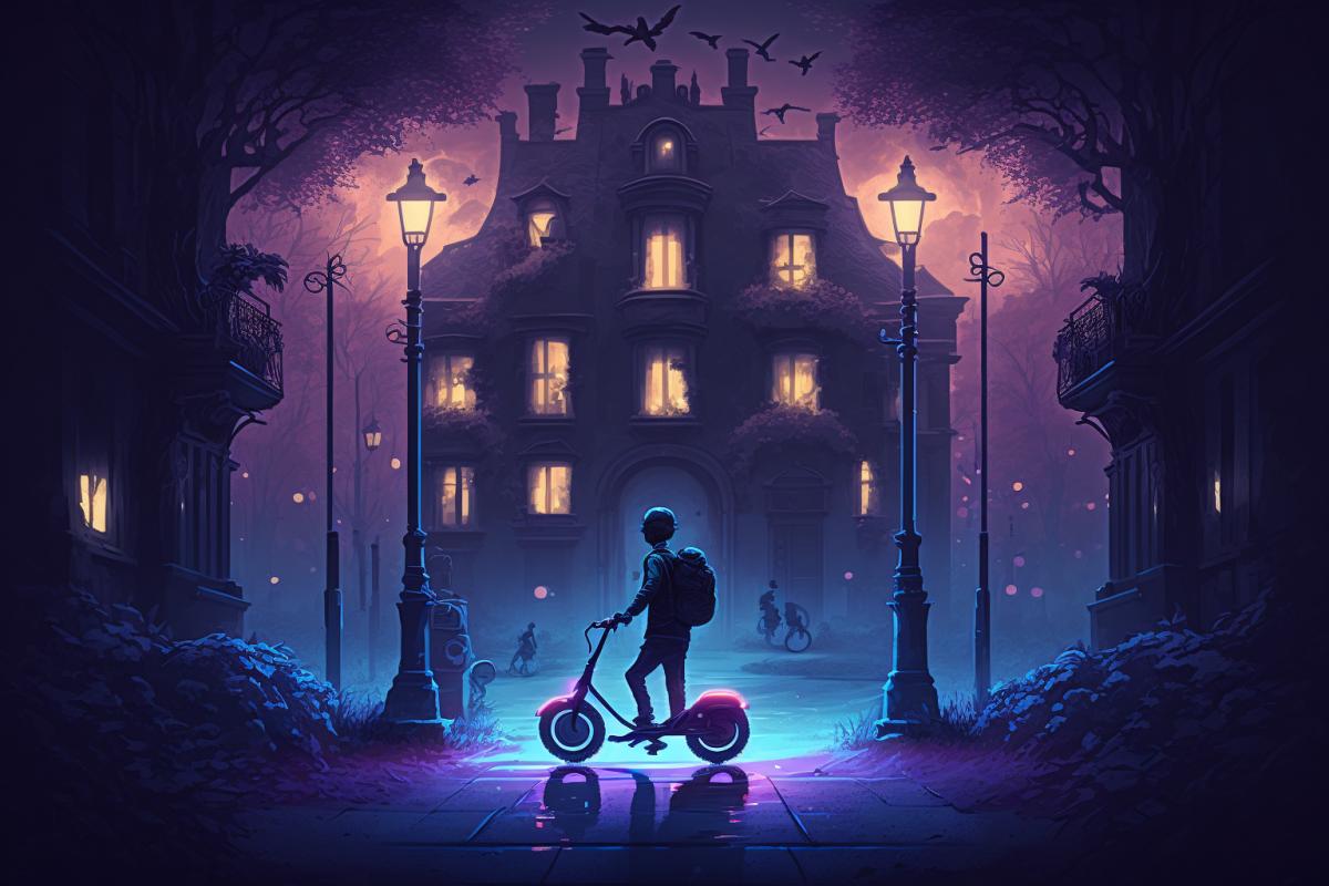 a guy on an electric scooter with glowing wheels, frame and handlebars, with glowing headphones and a player, riding along a city street at night, rare lights illuminate the road and ghostly silhouettes of houses, with rare glowing windows.