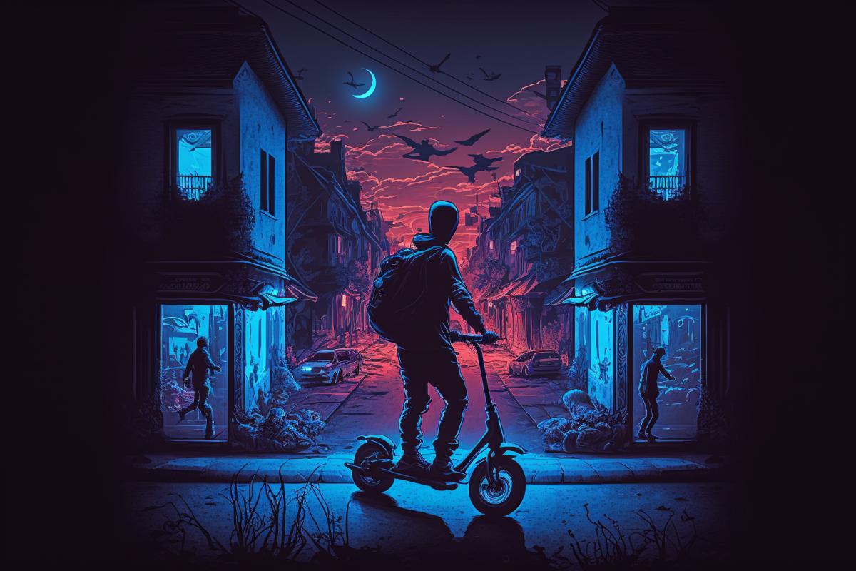 a guy on an electric scooter with glowing wheels, frame and handlebars, with glowing headphones and a player, riding along a city street at night, rare lights illuminate the road and ghostly silhouettes of houses, with rare glowing windows.