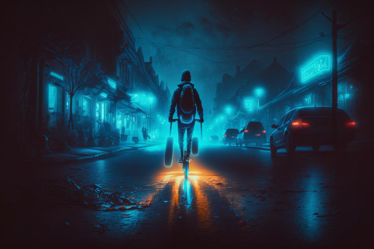 a guy on an electric scooter with glowing wheels, frame and handlebars, with glowing headphones and a player, riding along a city street at night, rare lights illuminate the road and ghostly silhouettes of houses, with rare glowing windows.