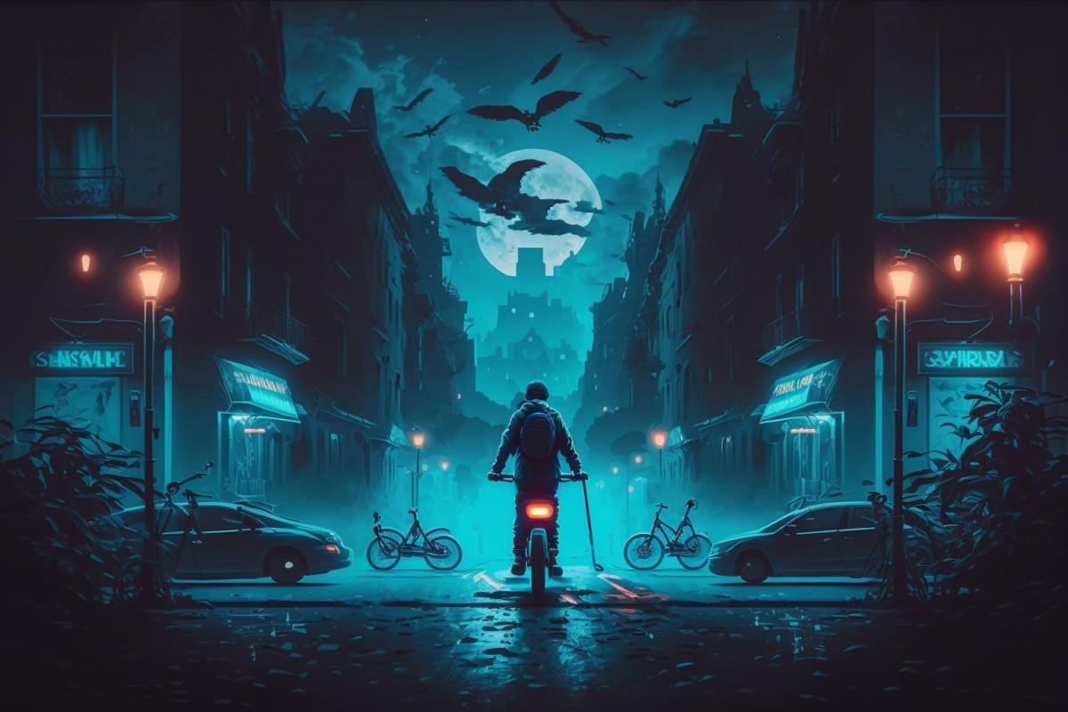 a guy on an electric scooter with glowing wheels, frame and handlebars, with glowing headphones and a player, riding along a city street at night, rare lights illuminate the road and ghostly silhouettes of houses, with rare glowing windows.